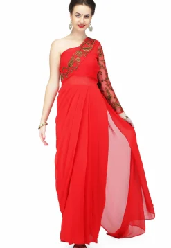 Embroidered Georgette Gown with attached Dupatta in Red