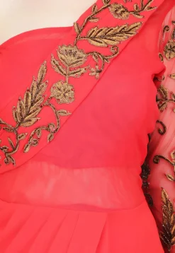 Embroidered Georgette Gown with attached Dupatta in Red