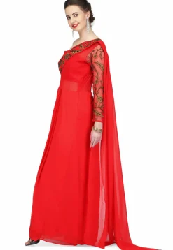 Embroidered Georgette Gown with attached Dupatta in Red