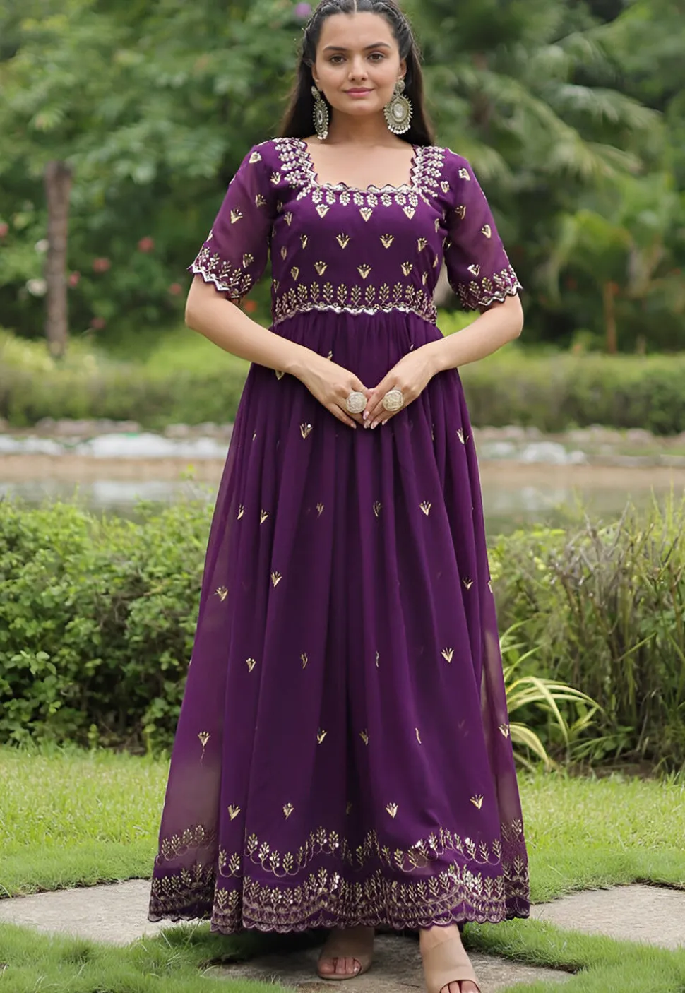 Embroidered Georgette Gown in Purple