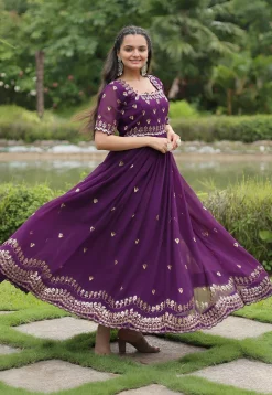 Embroidered Georgette Gown in Purple