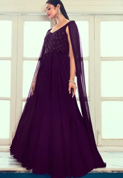 Embroidered Georgette Gown in Purple