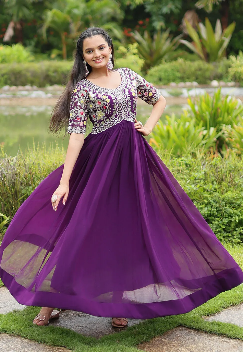 Embroidered Georgette Gown in Purple