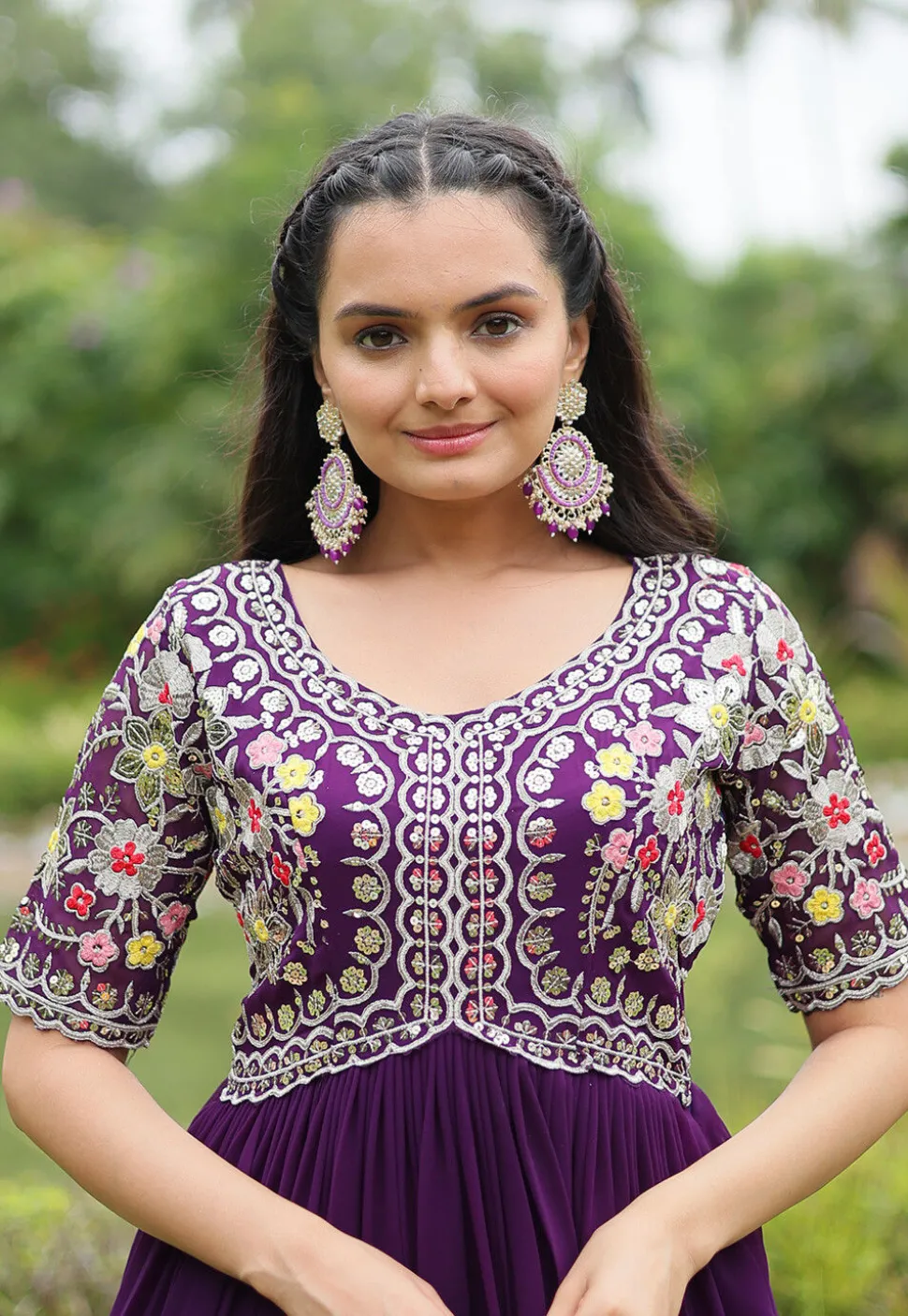 Embroidered Georgette Gown in Purple