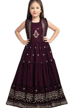 Embroidered Georgette Gown in Wine