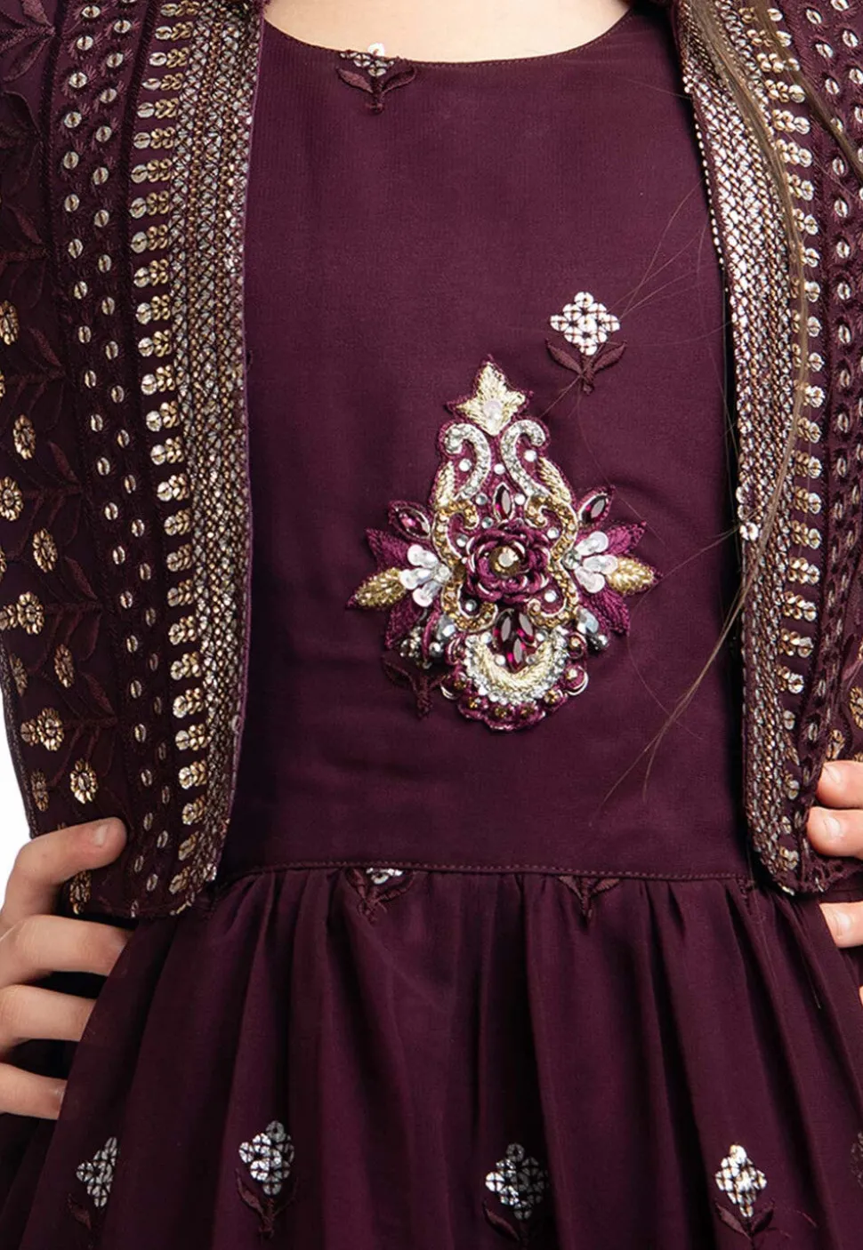 Embroidered Georgette Gown in Wine