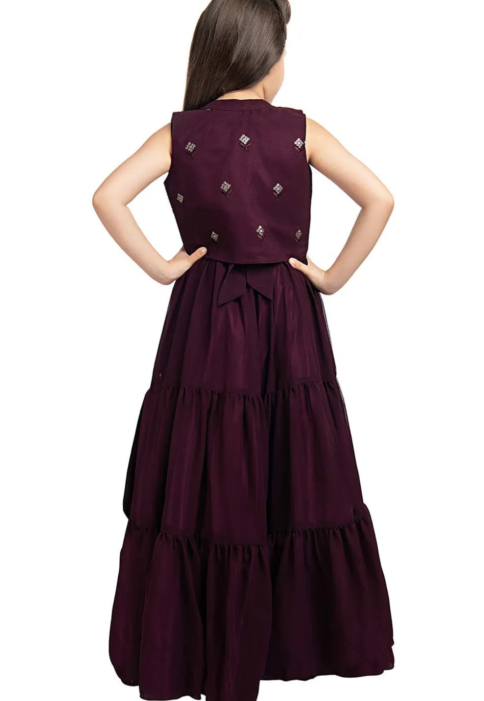 Embroidered Georgette Gown in Wine