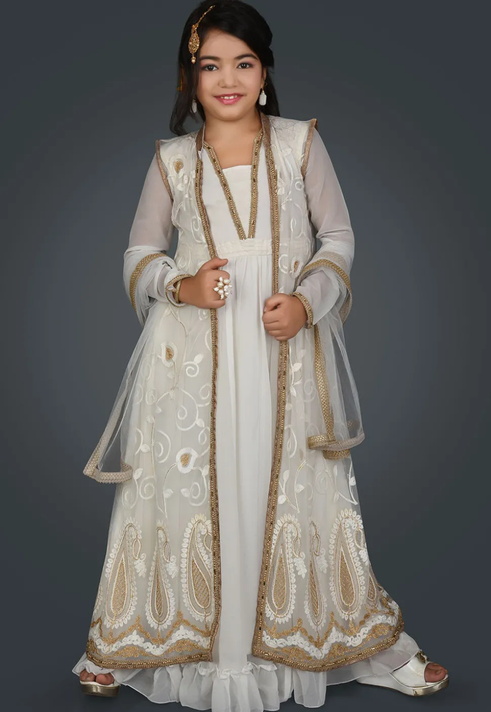 Embroidered Georgette Gown in Off White