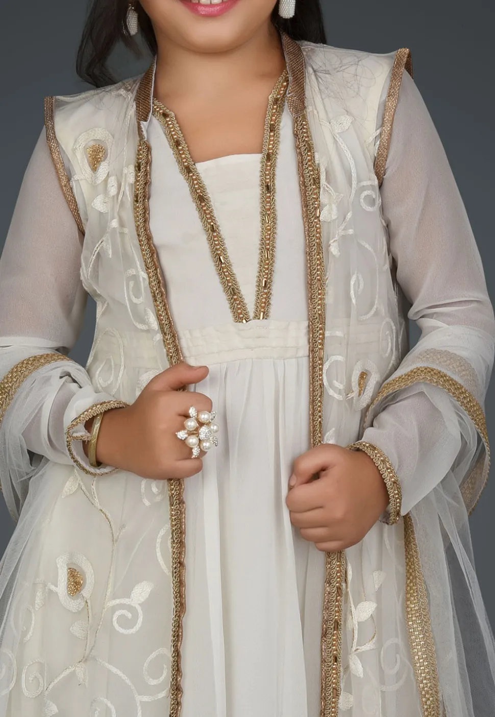 Embroidered Georgette Gown in Off White