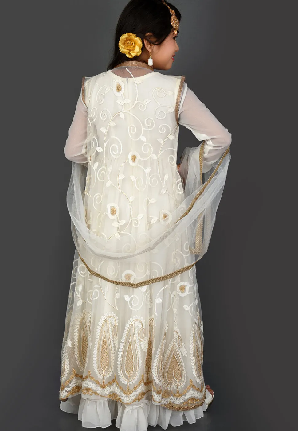 Embroidered Georgette Gown in Off White