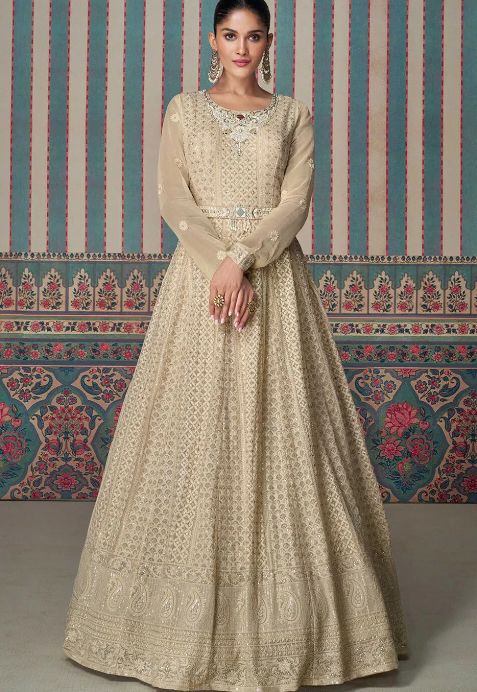 Embroidered Georgette Gowns in Beige