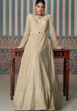 Embroidered Georgette Gowns in Beige