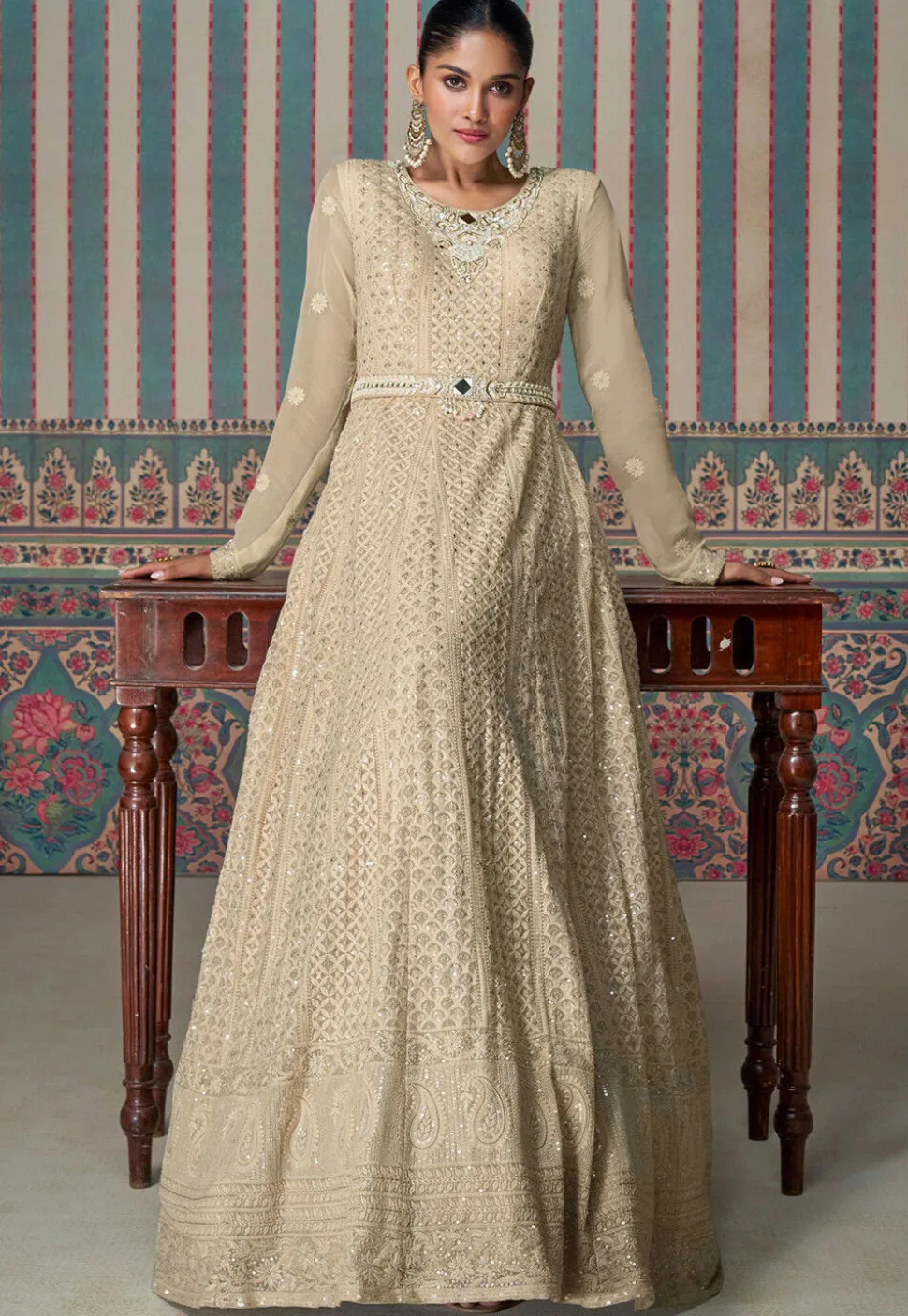 Embroidered Georgette Gowns in Beige