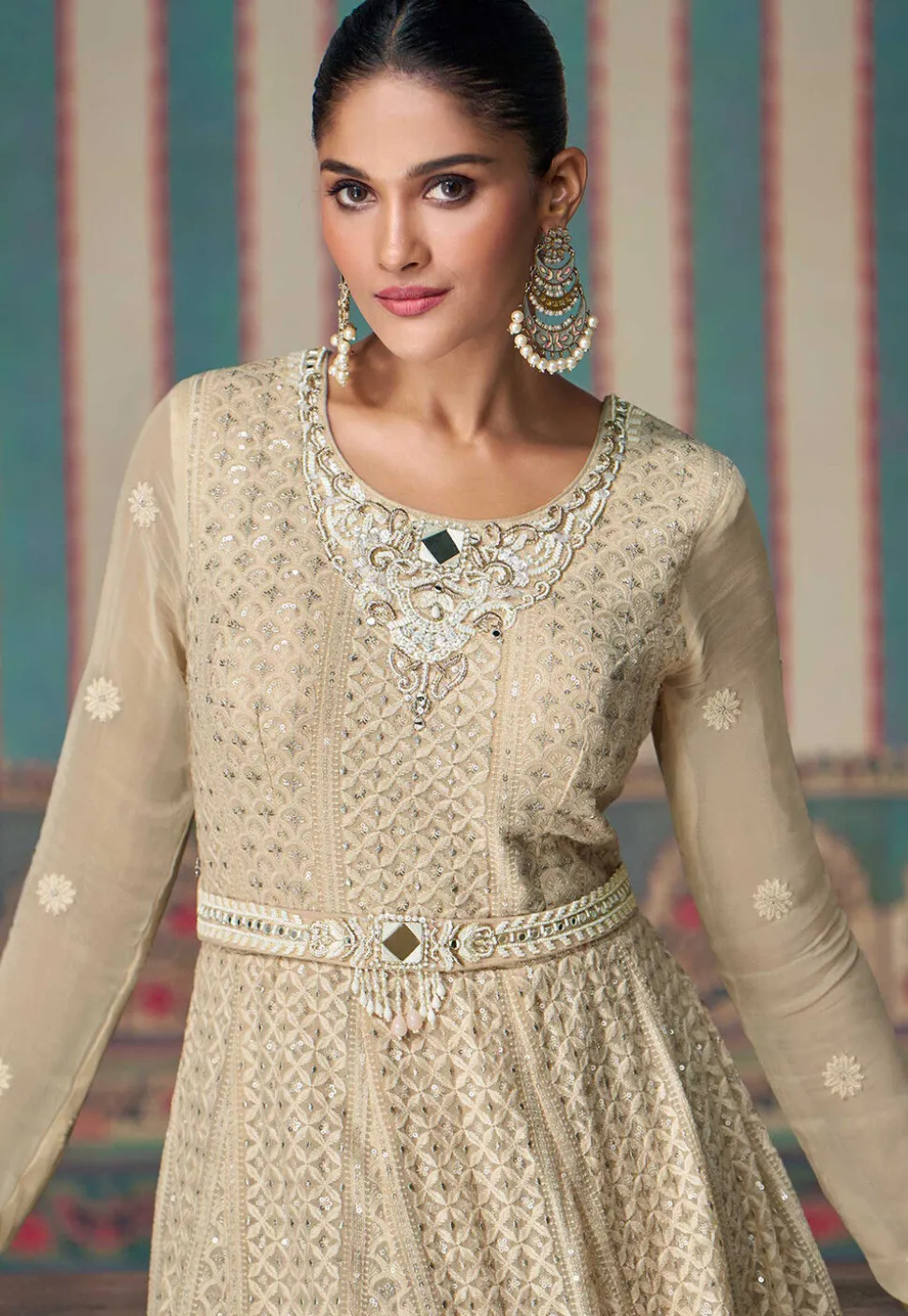 Embroidered Georgette Gowns in Beige