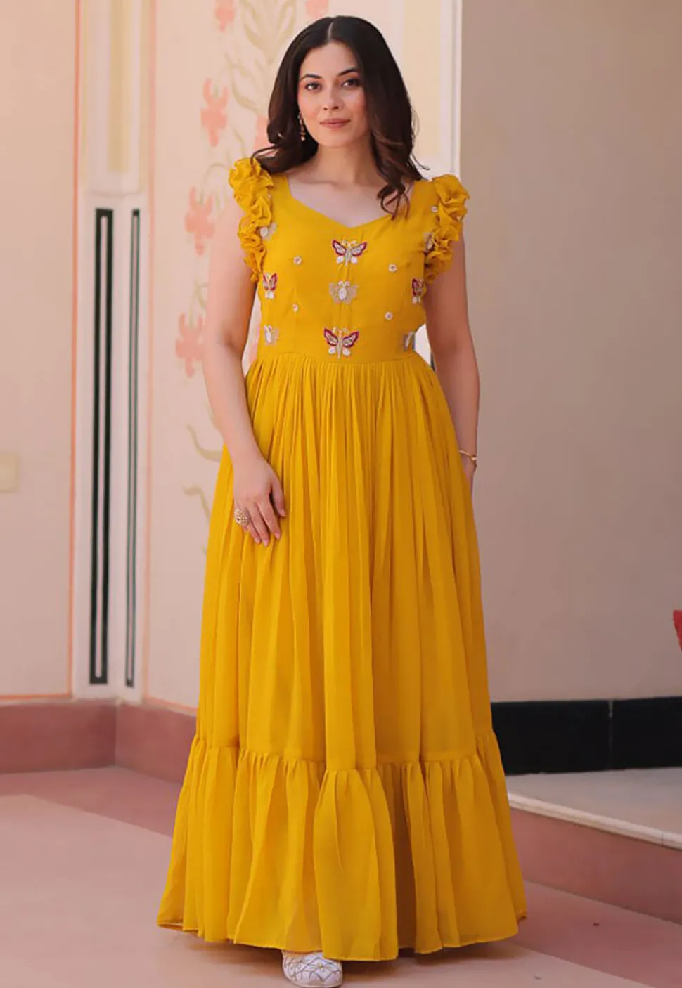 Embroidered Georgette Gown in Yellow
