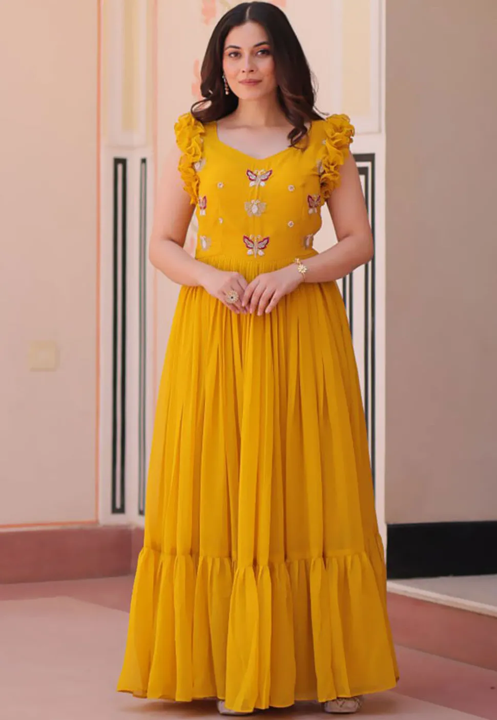 Embroidered Georgette Gown in Yellow