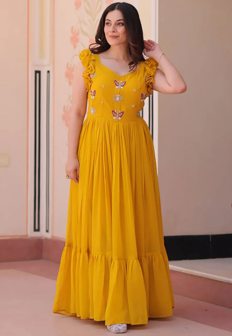 Embroidered Georgette Gown in Yellow