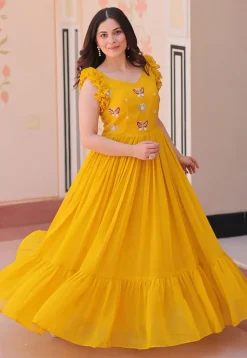 Embroidered Georgette Gown in Yellow