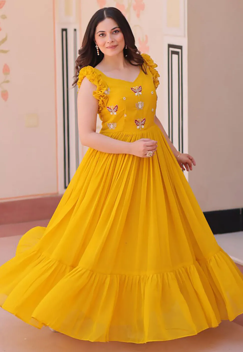 Embroidered Georgette Gown in Yellow