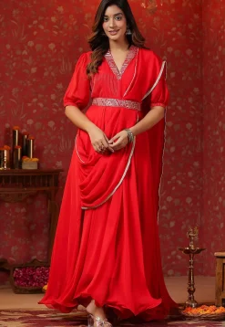 Embroidered Georgette Gown with attached dupatta in Red