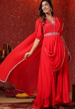 Embroidered Georgette Gown with attached dupatta in Red