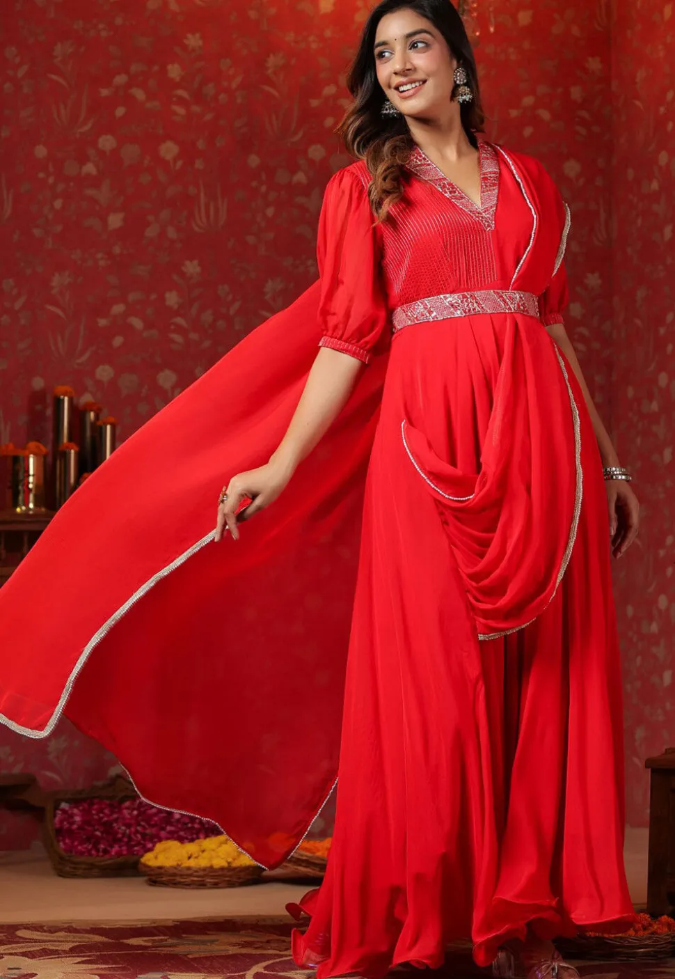 Embroidered Georgette Gown with attached dupatta in Red
