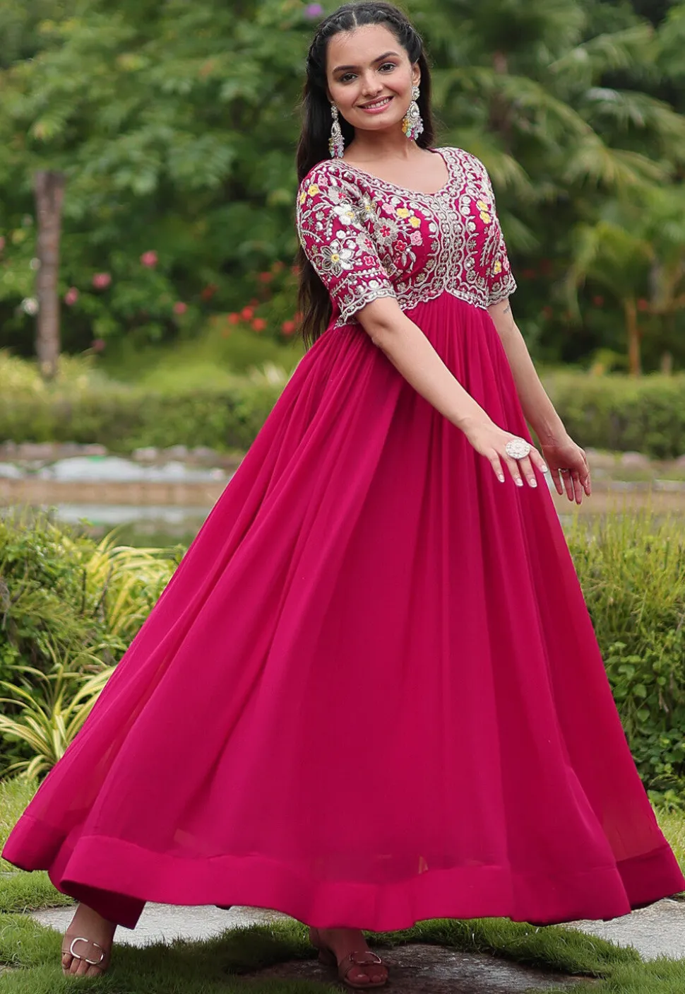 Embroidered Georgette Gown in Pink