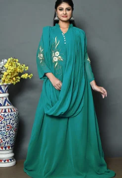 Embroidered Georgette Gown with Attached Dupatta in Teal Blue