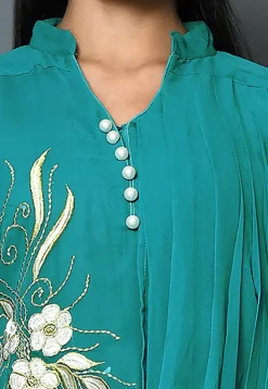 Embroidered Georgette Gown with Attached Dupatta in Teal Blue