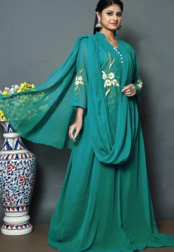 Embroidered Georgette Gown with Attached Dupatta in Teal Blue