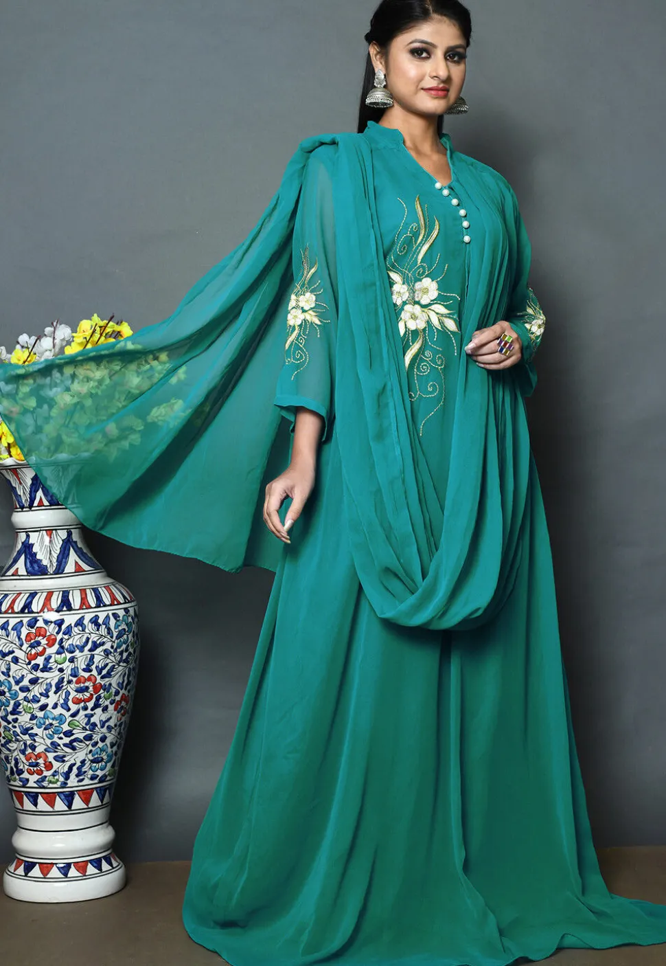 Embroidered Georgette Gown with Attached Dupatta in Teal Blue