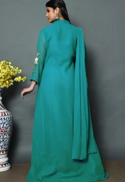 Embroidered Georgette Gown with Attached Dupatta in Teal Blue