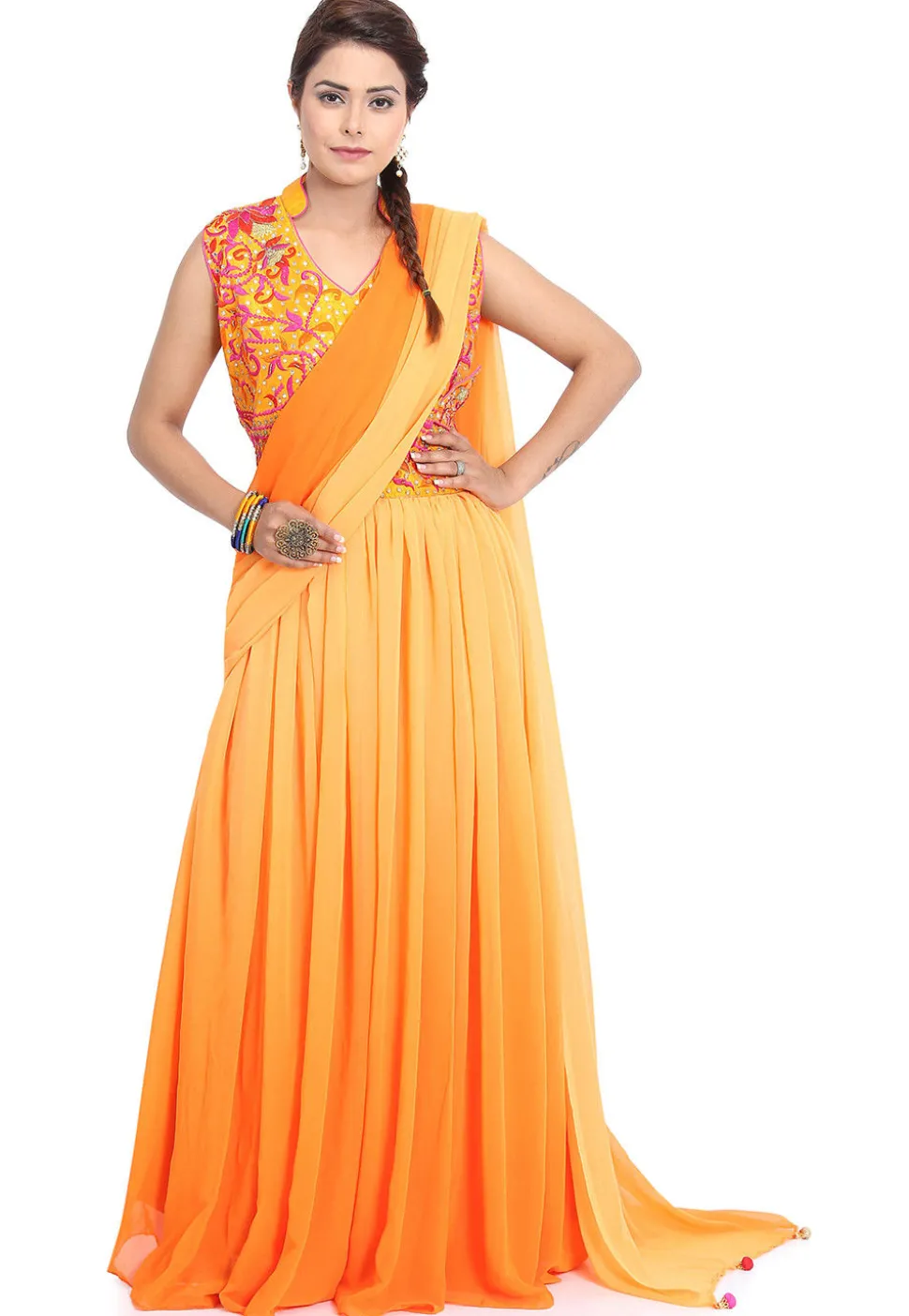 Embroidered Georgette Gown in Shaded Orange and Mustard