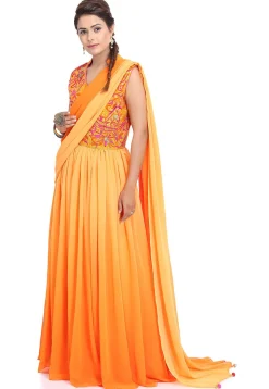 Embroidered Georgette Gown in Shaded Orange and Mustard