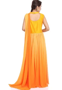 Embroidered Georgette Gown in Shaded Orange and Mustard