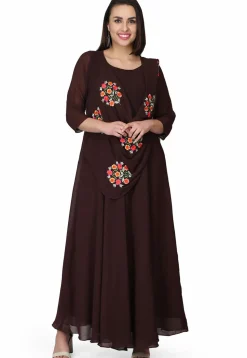Embroidered Georgette Gown in Dark Brown