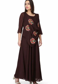Embroidered Georgette Gown in Dark Brown