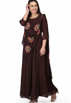 Embroidered Georgette Gown in Dark Brown