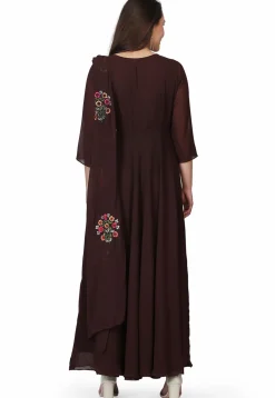 Embroidered Georgette Gown in Dark Brown
