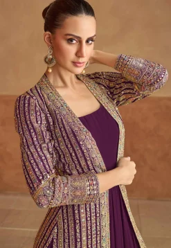 Embroidered Georgette Gown with Jacket in Purple
