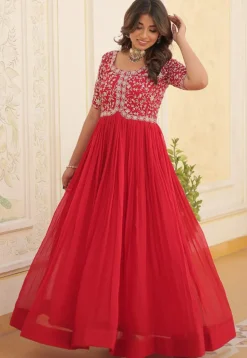 Embroidered Georgette Gown in Red