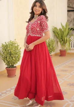 Embroidered Georgette Gown in Red