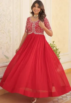 Embroidered Georgette Gown in Red