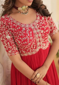 Embroidered Georgette Gown in Red