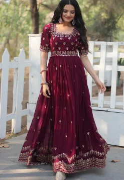 Embroidered Georgette Gown in Wine