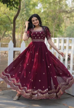 Embroidered Georgette Gown in Wine