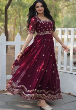 Embroidered Georgette Gown in Wine