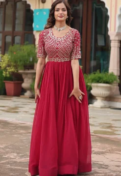 Embroidered Georgette Gown in Fuchsia