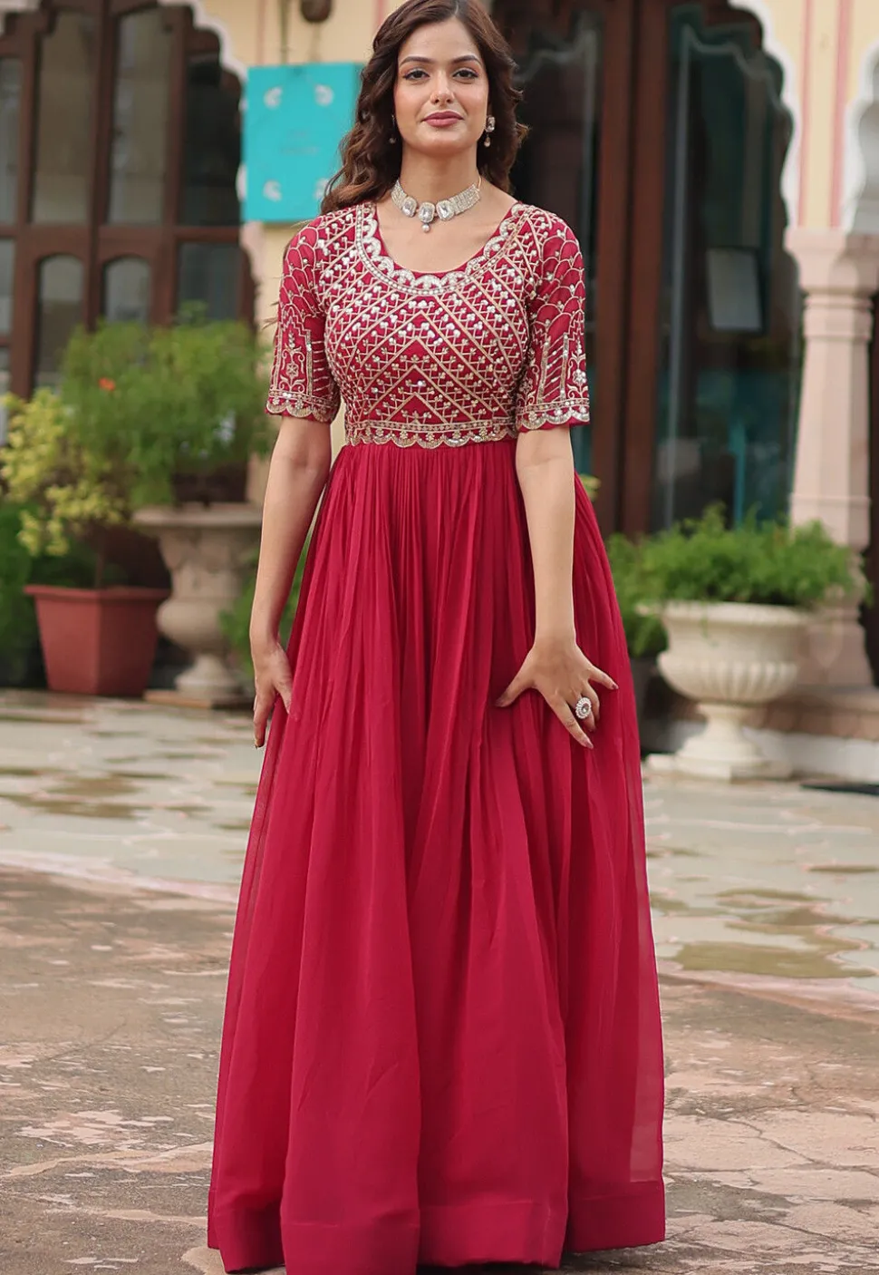 Embroidered Georgette Gown in Fuchsia