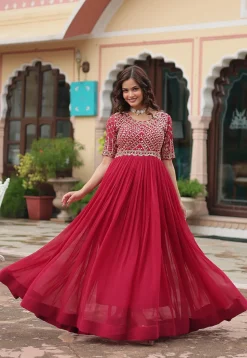 Embroidered Georgette Gown in Fuchsia